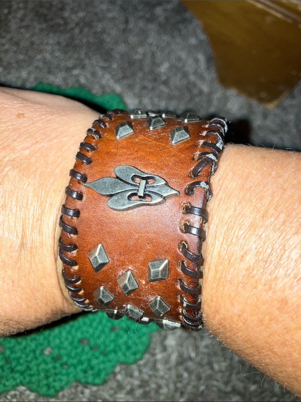 Women's Brown Leather Studded Bracelet - Fashion Cuff Fluer De Lis